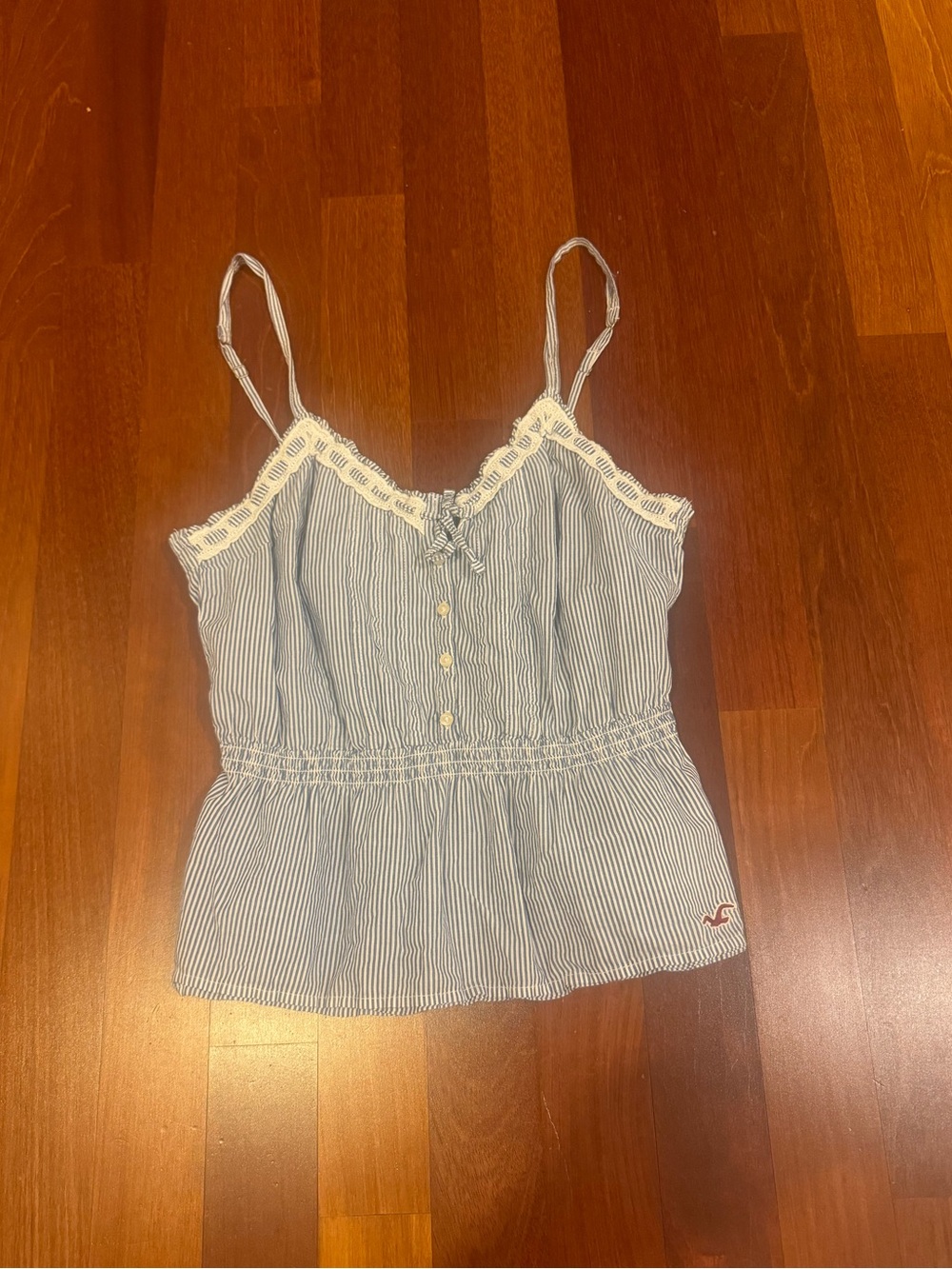 Vintage Hollister Light Blue White Pinstripe Lace-Trim babydoll tank top